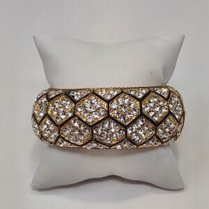 Crystal Hexagon Gold Tone Black Chunky Clamper Bracelet Hinge Rounded Statement